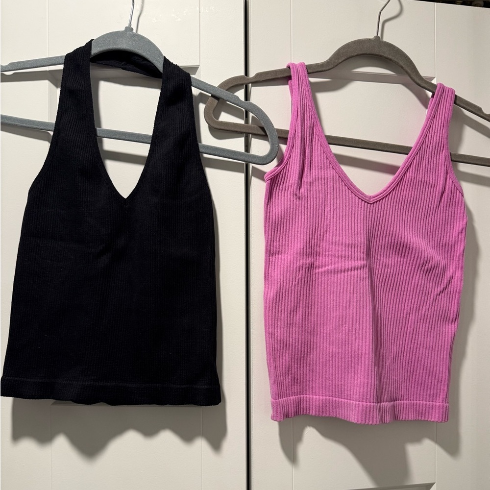 Aura Black and Pink Ribbed Tank Tops